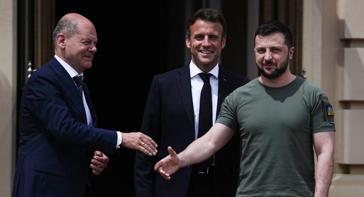 Kancelar Scholz, Emmanuel Macron i predsjednik Zelenskij (ILUSTRACIJA) / Foto: Kay Nietfeld/dpa