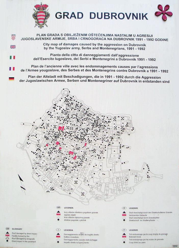 1. karta sa oznacenim granatama ispaljenim na Dubrovnik