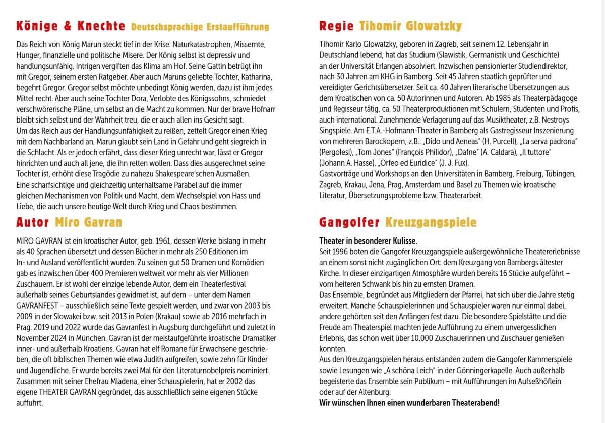 U SRPNJU U BAMBERGU: Njemačka premijera poznate Gavranove tragikomedije "Kraljevi i konjušari" Plakat Gavranove tragikomedije