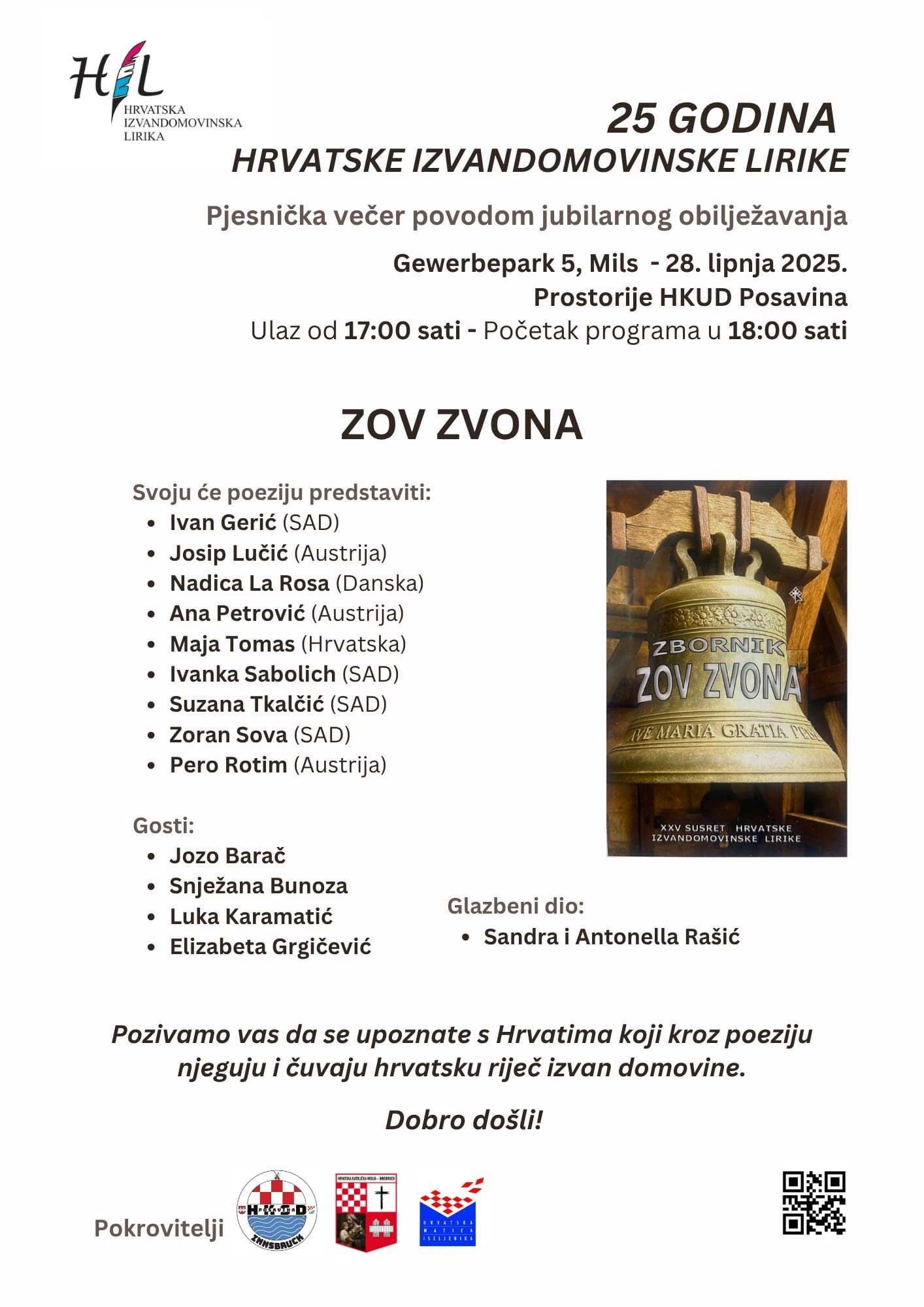 PJESNIČKA VEČER “ZOV ZVONA”: Hrvatska izvandomovinska lirika slavi 25. rođendan u Innsbrucku i Milsu u Tirolu Najava događaja