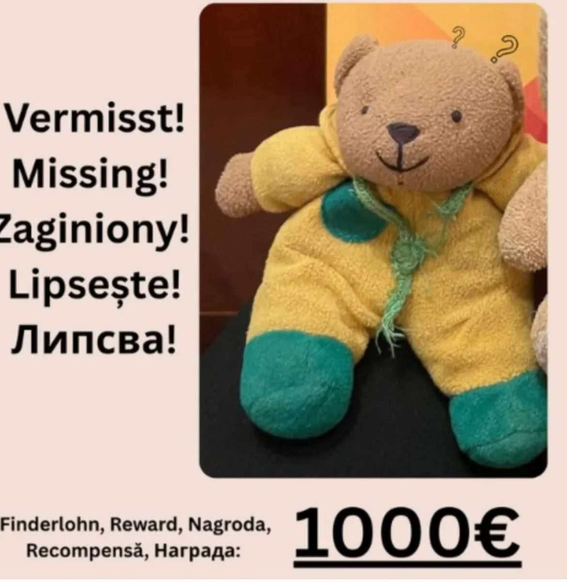 NUDI 1.000 EURA NAGRADE: Muškarac traži plišanog medvjedića kojeg su mu ukrali NUDI 1.000 EURA NAGRADE: Muškarac traži plišanog medvjedića kojeg su mu ukrali