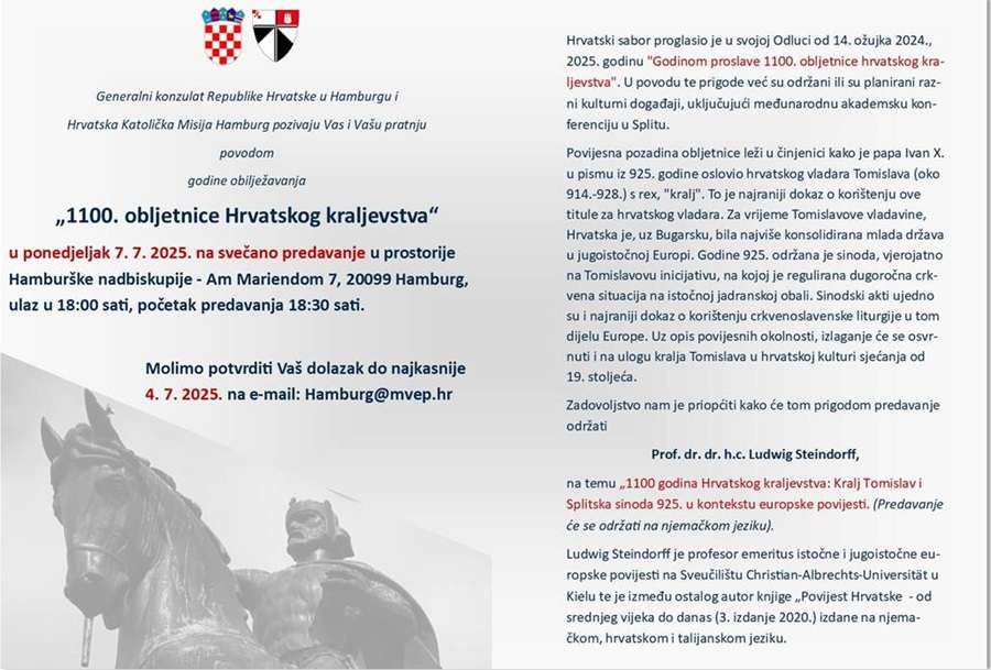 PONOSNA OBLJETNICA I IZVAN DOMOVINE: Hrvatska slavi 1100 godina kraljevstva u srcu Njemačke Obilježavanje 1100 godina hrvatskog kraljevstva