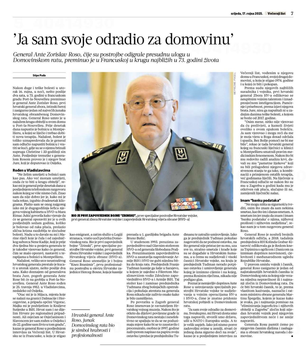 IN MEMORIAM - Heroj Domovinskog rata general Ante Roso: 'Ja sam svoje odradio za domovinu!'