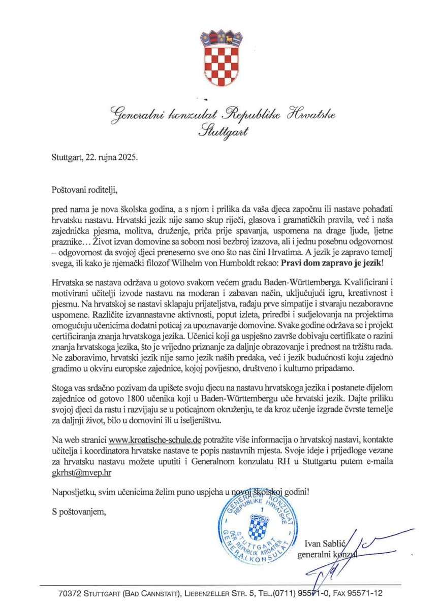 Poziv generalnog konzula roditeljima za upis djece na Hrvatsku nastavu 