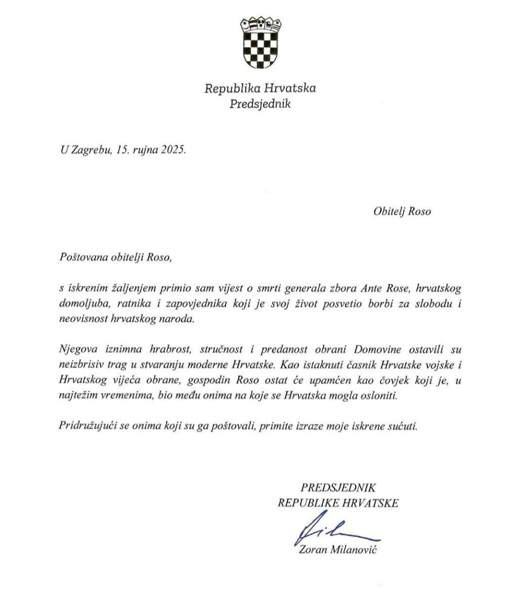 PREDSJEDNIK MILANOVIĆ: General Roso ostat će upamćen kao čovjek na kojeg se Hrvatska mogla osloniti u najtežim vremenima Predsjednik Milanović je uputio izraze sućuti obitelji generala Ante Rose