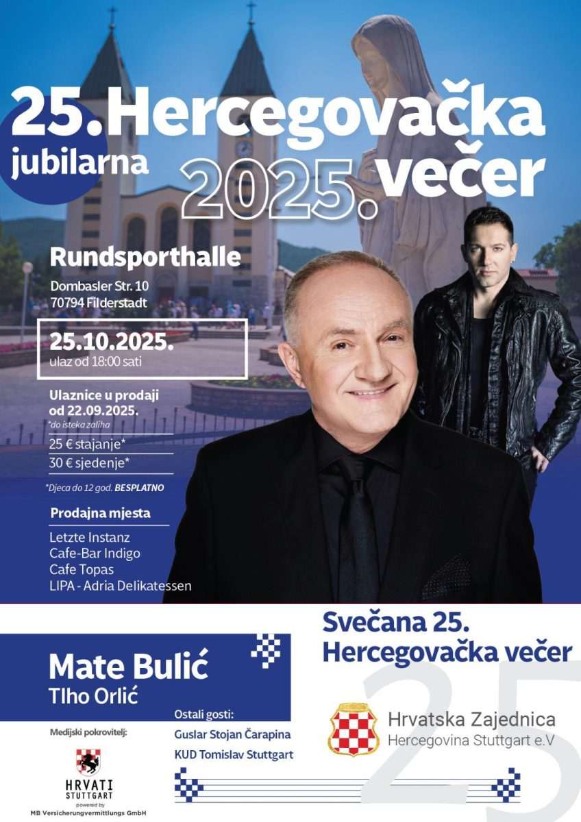 U FILDERSTADTU KOD STUTTGARTA: U subotu će na Hercegovačkoj večeri Hercegovce i njihove prijatelje zabavljati Mate Bulić, Tiho Orlić, guslar Stojan Čarapina te KUD Tomislav Stuttgart