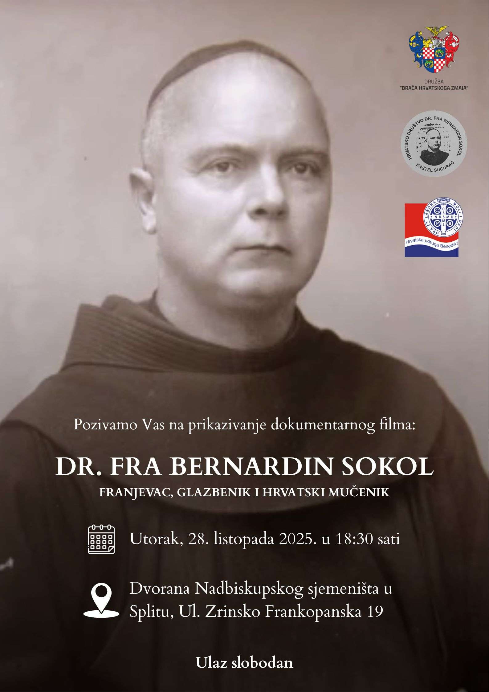 SJEĆANJE NA NJEGOVO DJELO I ŽRTVU: U Splitu prikazivanje filma „Dr. fra Bernardin Sokol – franjevac, glazbenik i hrvatski mučenik“ Dr. fra Bernardin Sokol/ Foto: HU Benedikt