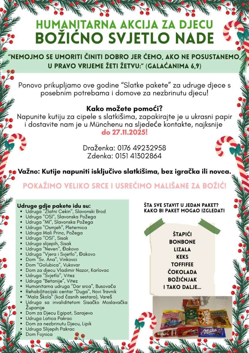 HUMANITARNA AKCIJA „BOŽIĆNO SVJETLO NADE“: München i ove godine prikuplja slatke pakete za djecu u Hrvatskoj i BiH! HUMANITARNA AKCIJA „BOŽIĆNO SVJETLO NADE“: München i ove godine prikuplja slatke pakete za djecu u Hrvatskoj i BiH!