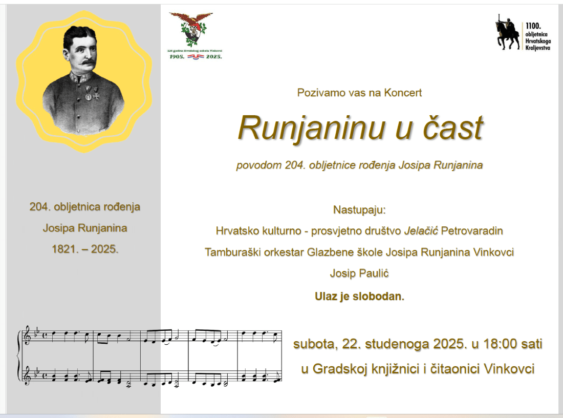 "RUNJANINU U ČAST": Hrvatski sokol Vinkovci poziva na koncert u čast 204. obljetnice rođenja skladatelja hrvatske himne "RUNJANINU U ČAST": Hrvatski sokol Vinkovci poziva na koncert u čast 204. obljetnice rođenja skladatelja hrvatske himne
