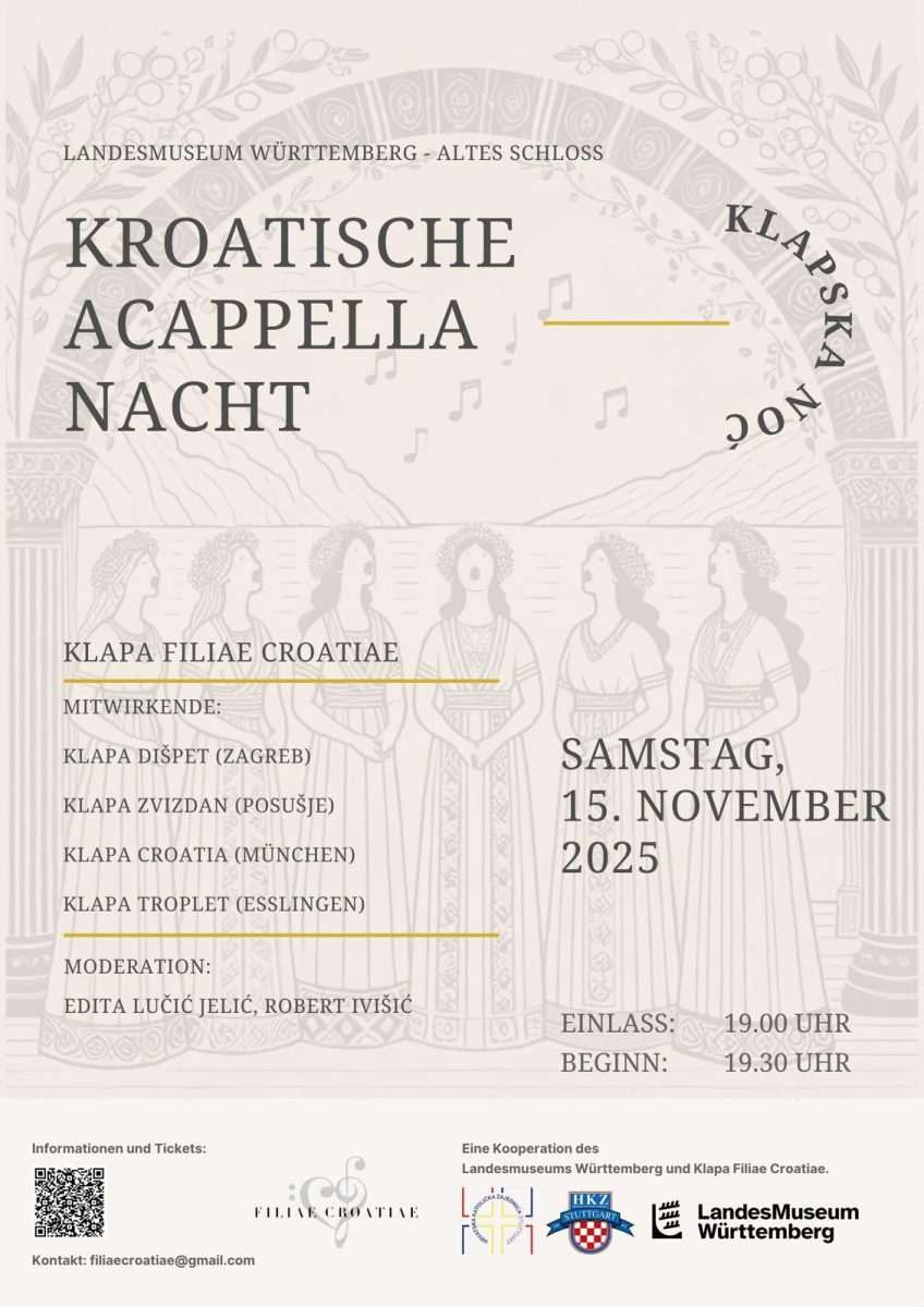 KLAPSKA NOĆ U STUTTGARTU: Ženska klapa „Filiae Croatiae“ priprema bogat program, osim iz Njemačke, stižu klape iz Hrvatske i BiH KLAPSKA NOĆ U STUTTGARTU: Ženska klapa „Filiae Croatiae“ priprema bogat program, osim iz Njemačke, stižu klape iz Hrvatske i BiH