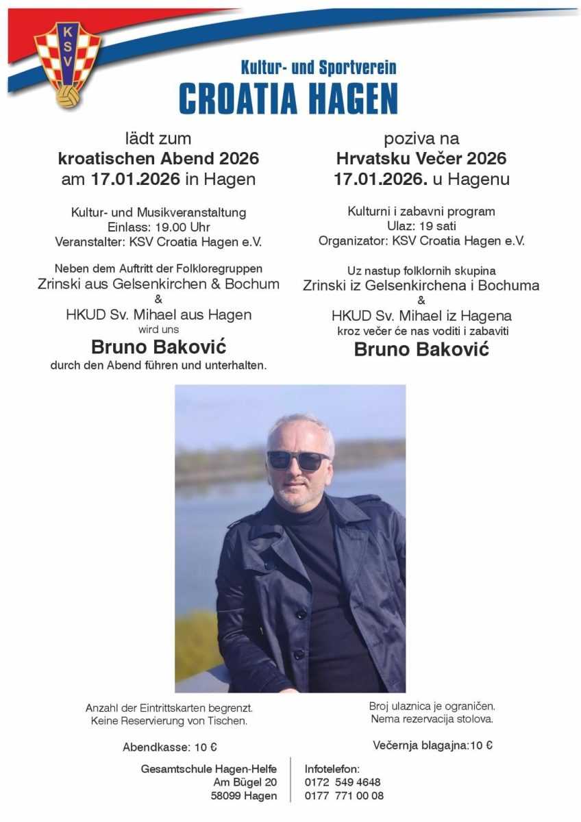 U SUBOTU, 17.SIJEČNJA: U Hagenu će se održati tradicionalna Hrvatska večer 2026. U SUBOTU, 17.SIJEČNJA: U Hagenu će se održati tradicionalna Hrvatska večer 2026.