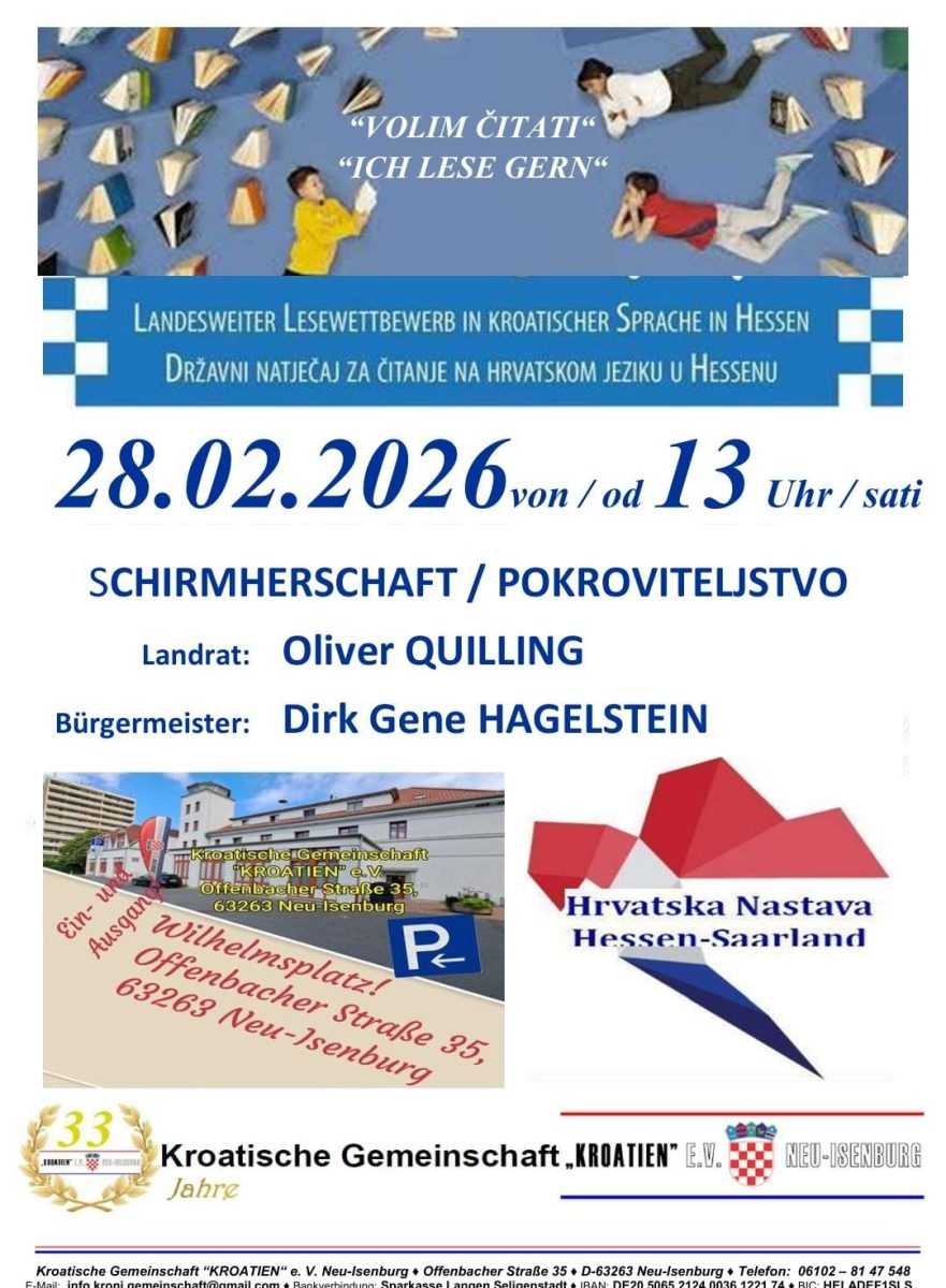 NEU-ISENBURG: U subotu, 28. veljače natjecanje Volim čitati NEU-ISENBURG: U subotu, 28. veljače natjecanje Volim čitati