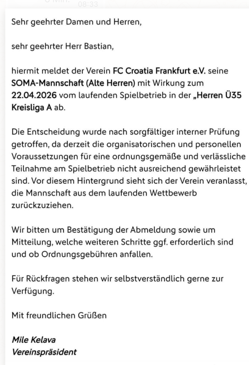 SAMOVOLJA PREDSJEDNIKA CROATIJE FRANKFURT: Bez znanja i suglasnosti igrača, Kelava odjavio iz natjecanja veteransku momčad