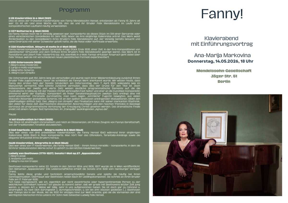 KONCERT PIJANISTICE ANE-MARIJE MARKOVINE U BERLINU: Hommage obitelji Mendelssohn i Beethovenovoj strasti